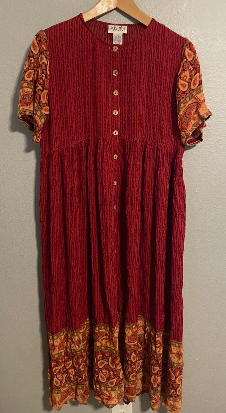 Jasmine By KVM Womens Maxi Dress Medium Red Paisley Boho Button Front Rayon READ